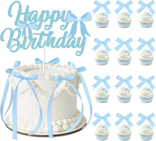 Blue Bow Birthday Decorations with Happy Birthday Sign, 6Pcs Ribbion Bow Cake Topper & 12Pcs Bow Cupcake Toppers, Bow Party Cake Decor, Tying the Knot Bridal Shower Party Supplies