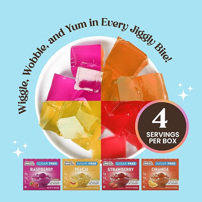 Simply Desserts Sugar-Free Jel Variety 4-Pack (Raspberry, Peach, Orange, Strawberry) ??Vegan Dessert, Keto Snacks, Diabetic Friendly & Kosher, 1.7 Oz Ea
