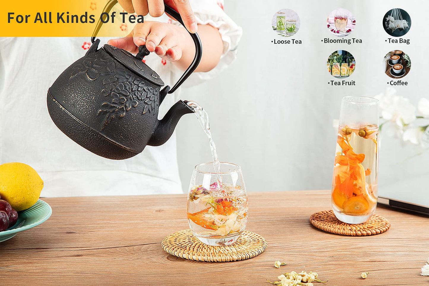 Toptier Cast Iron Tea Kettle, Stovetop Safe Japanese Cast Iron Teapot with Infuser, Leaf Design Tea