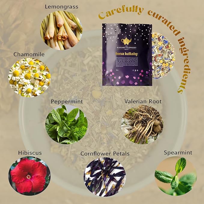 Luna Lullaby Sleep Tea, Organic Loose Leaf Herbal Tea ??Calming, Relaxing Bedtime Tea ??Chamomile, Valerian Root, Peppermint ??4 oz Resealable Bag (Makes 50 Cups) ??The Elegant Elephant