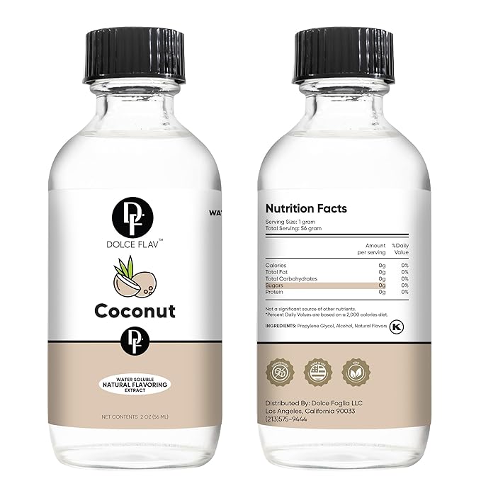 Dolce Flav Natural Coconut Extract ??2 Ounce Water-Soluble Kosher, Sugar-Free, Concentrated Tropical Coconut Flavoring for Baking, Beverages & Desserts, Includes Measured Dropper