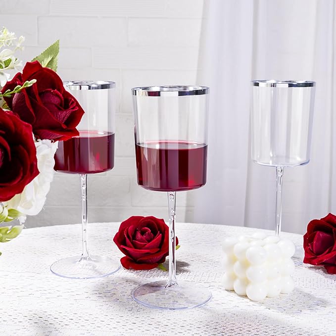 Ciaell 12 Pack Plastic Wine Glasses - 10 Oz Plastic Wine Glasses with Stem - Square Silver Disposable Stemmed Glass for Parties & Weddings & Outdoors
