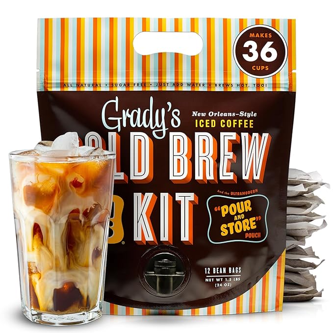 GRADY’S COLD BREW, New Orleans Style, 100% Arabica Ground Coffee & Chicory Pouches, 2 All-in-One Cold Brew Kits, each with 12 Easy-to-Brew Beans Bags, Makes 72 drinks
