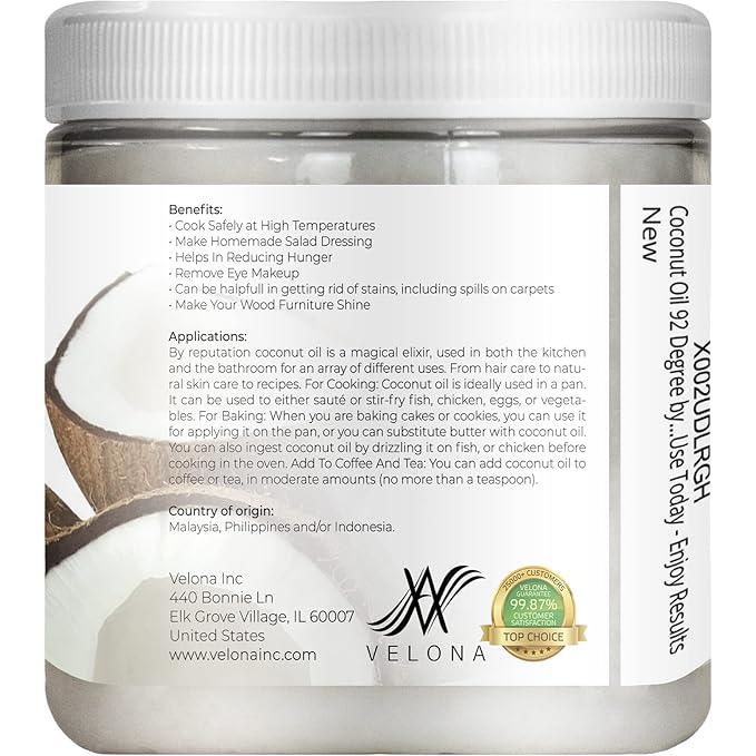 velona Coconut Oil 92 Degree 8 fl oz | 100% Pure and Natural Carrier Oil | in jar | Refined, Cold pressed | Skin, Face, Body, Hair Care | Use Today - Enjoy Results