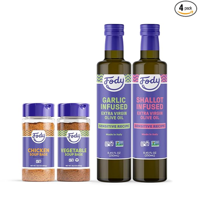Fody Foods Cooking Bundle | Chicken & Vegetable Soup Base, Garlic & Shallot Infused Olive Oil | Low FODMAP | Gut & IBS Friendly No Onions | 10.6 Ounce, Pack of 2, 8.4 Fl Ounce, Pack of 2