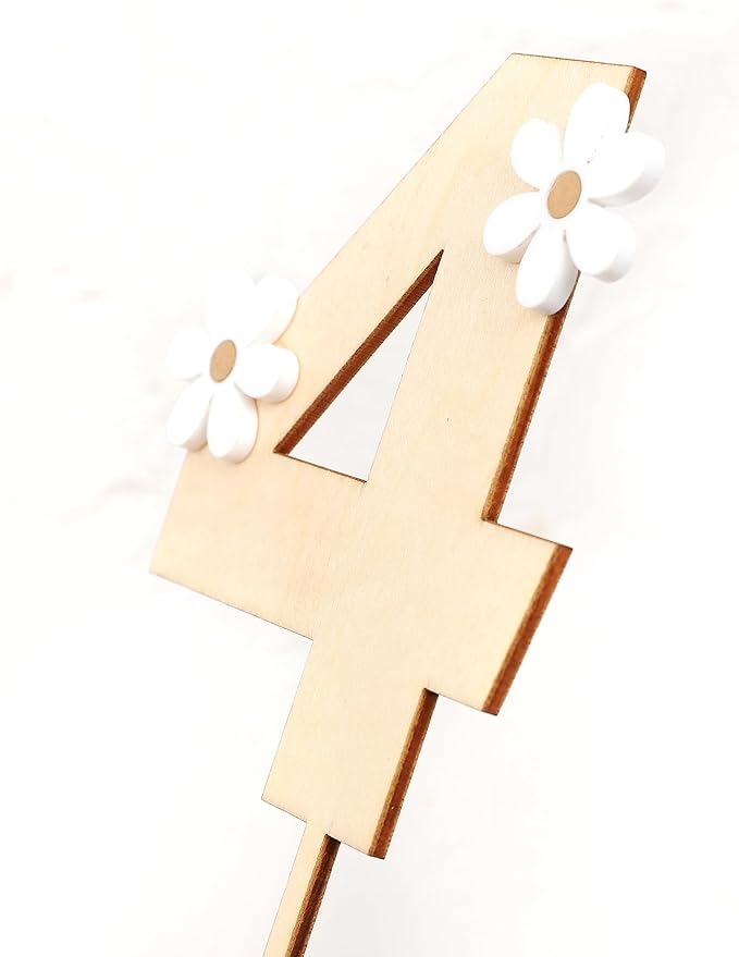 Wooden Daisy Cake Topper - 4th Birthday & Anniversary Decor, Retro Groovy & Boho Styles, Wooden Cake Decorating Supplies