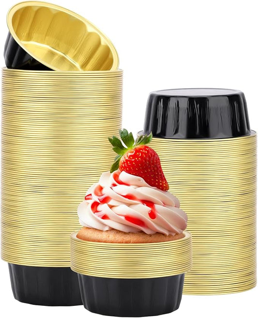 Beasea Disposable Aluminum Ramekins, 8oz 200 Pack Ramekins Foil Cups Baking 3.9" Ramekin Cup Cupcake Aluminum Mini Baking Cups for Party - Black Gold