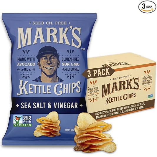 MARK???Kettle Cooked Avocado Oil Potato Chips, Sea Salt & Vinegar ??Seed Oil & GMO Free | Sea Salt and Vinegar, 5 oz (Pack of 3) | Gluten Free, Non-GMO, Chips for Clean & Healthy Snacking