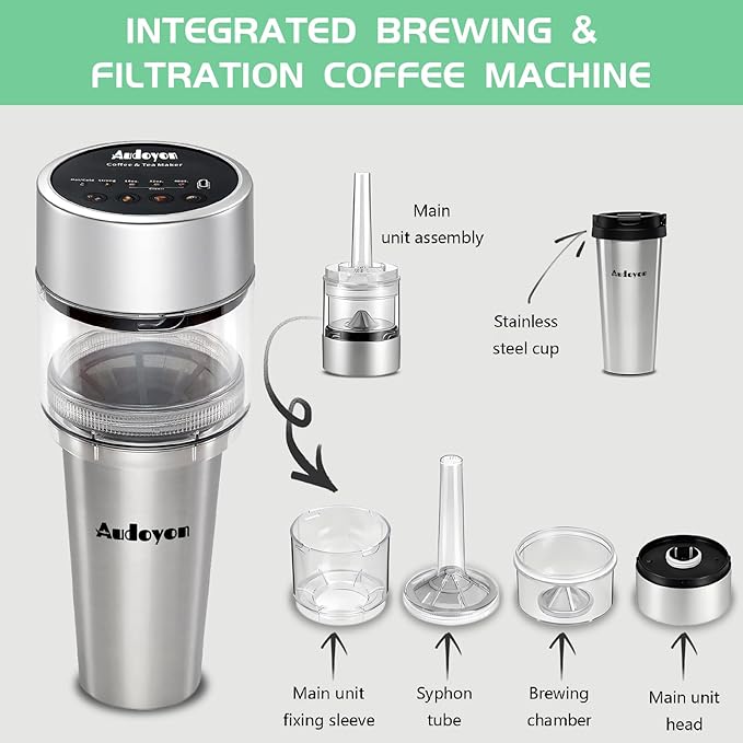 Coffee & Tea Maker, Portable Cold Brew Coffee Machine, Rapid Tea Brewer 16oz Hot & Iced, Rechargeable+Self Clean+Ultra-Fine Stainless Tea Strainer for Camping, Travel, Office & RV