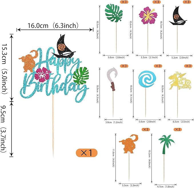 25 Pack Moana Cake Toppers Glitter Palm Leaf Moana Cake Picks The Sea is Calling Hawaiian Tropical Cupcake Decorations for Luau Summer Baby Shower Birthday Party Supplies Blue