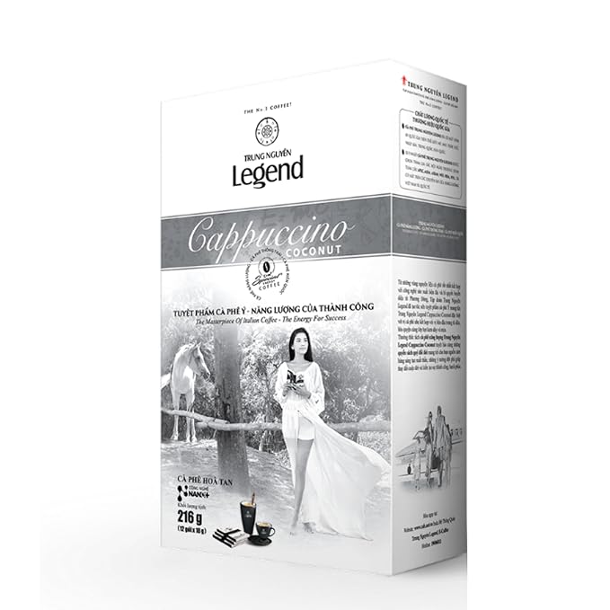 TRUNG NGUYEN LEGEND Cappuccino Coconut Instant Coffee Single Served Stick for Energy Boost (8oz - Box of 12 Sticks)