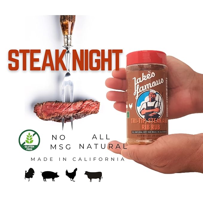 Jake's Righteous Rubs Tri Tip, Steak & Rib Rub 11 Oz All Purpose, Brown Sugar BBQ Seasoning for Beef, Pork, Chicken, Ribs, Prime Rib, Gluten-Free, No MSG (Pack of 1)
