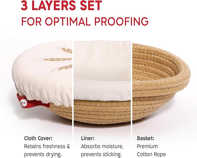 Cotton Rope Banneton Bread Proofing Basket Set, 2 x Round Bread Basket with Liners & Covers for Artisan Bread Baking, Sourdough Bread Baking Supplies