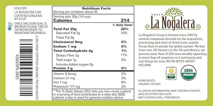 La Nogalera Organic - USDA and CCOF Certified Organic Shelled Pecan Halves in 2 pound bag. Pecan nut halves, NO SHELL, Non-GMO, Kosher and Halal Certified and Ketogenic friendly