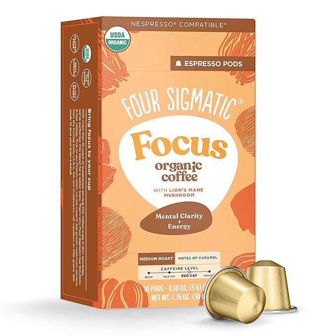 Four Sigmatic Focus Coffee Pods Compatible with Nespresso Original | Organic Medium Roast Espresso with Added Focus | Mushroom Coffee Enhanced with Lion's Mane | Medium Roast 10ct