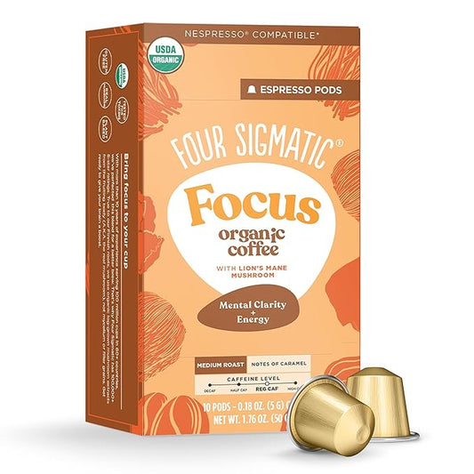 Four Sigmatic Focus Coffee Pods Compatible with Nespresso Original | Organic Medium Roast Espresso with Added Focus | Mushroom Coffee Enhanced with Lion's Mane | Medium Roast 10ct