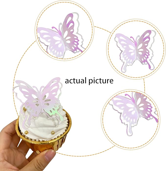 40 PCS Mixed Size Pink Butterfly Cupcake Toppers Hollow Art 3D Butterfly Cupcake Decorations Baby Shower Wedding Anniversary Kids Birthday Party Cake Wall Decorations Supplies