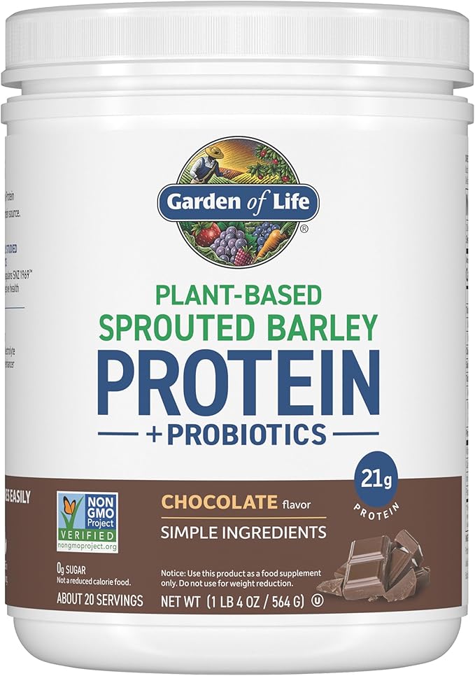 Garden of Life Plant-Based Sprouted Barley Protein, Chocolate with 21g Protein, 0g Sugar & Clean Ingredients, Upcycled Barley, Probiotics, Non-GMO, use in Shakes, Smoothies & Baking, 20 Servings