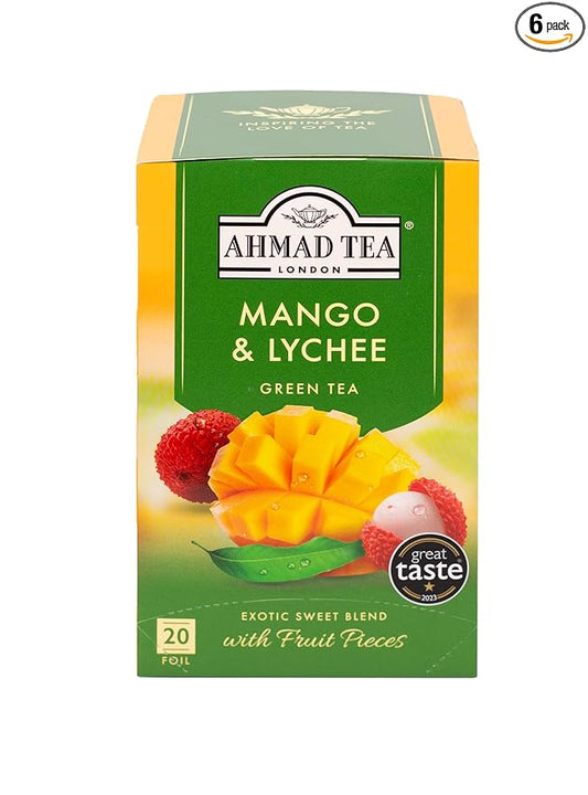 Ahmad Tea Mango & Lychee Flavored Green Tea with Fruit Pieces, 20 Count, Pack of 6