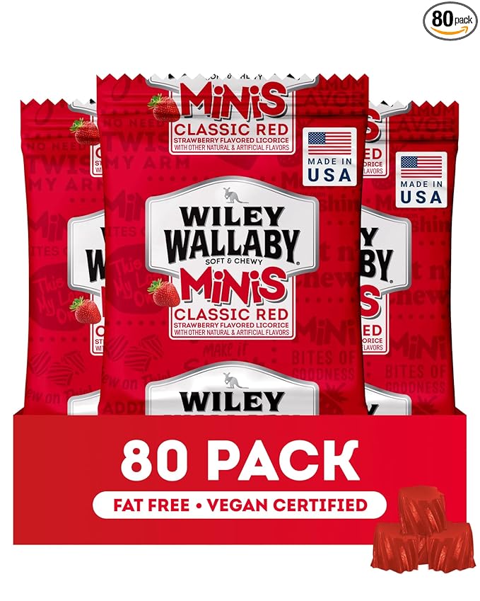 Wiley Wallaby Mini Licorice Bites 0.5 Ounce Classic Gourmet Soft & Chewy Australian Classic Red Licorice Candy Bags, 80 Pack