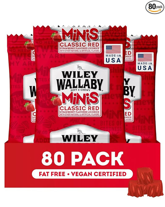 Wiley Wallaby Mini Licorice Bites 0.5 Ounce Classic Gourmet Soft & Chewy Australian Classic Red Licorice Candy Bags, 80 Pack