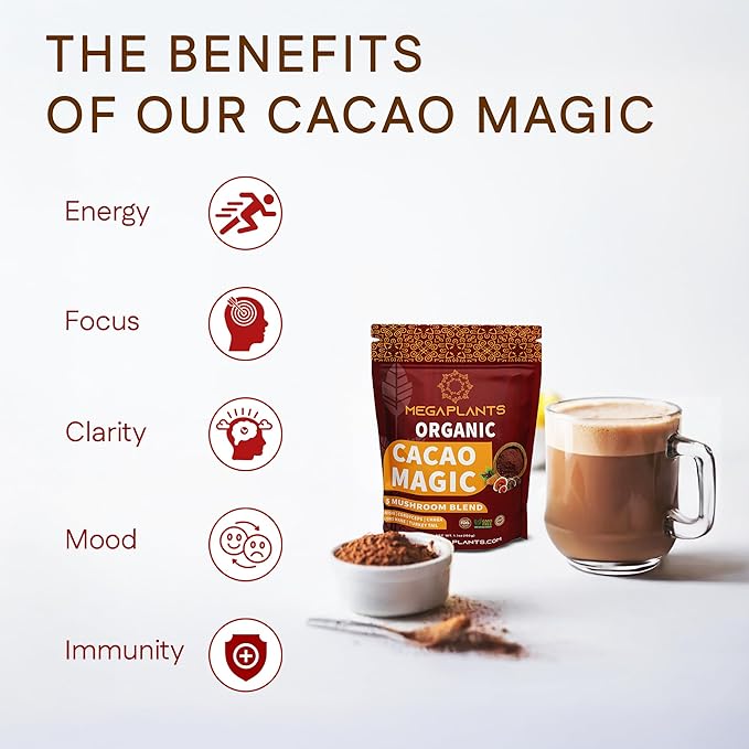 MegaPlants Cacao Magic (50 Servings) | Superfood 5 Mushroom Blend | Lions Mane, Reishi, Chaga, Cordyceps, Turkey Tail | Smoothie, Hot Chocolate, Coffee Alternative
