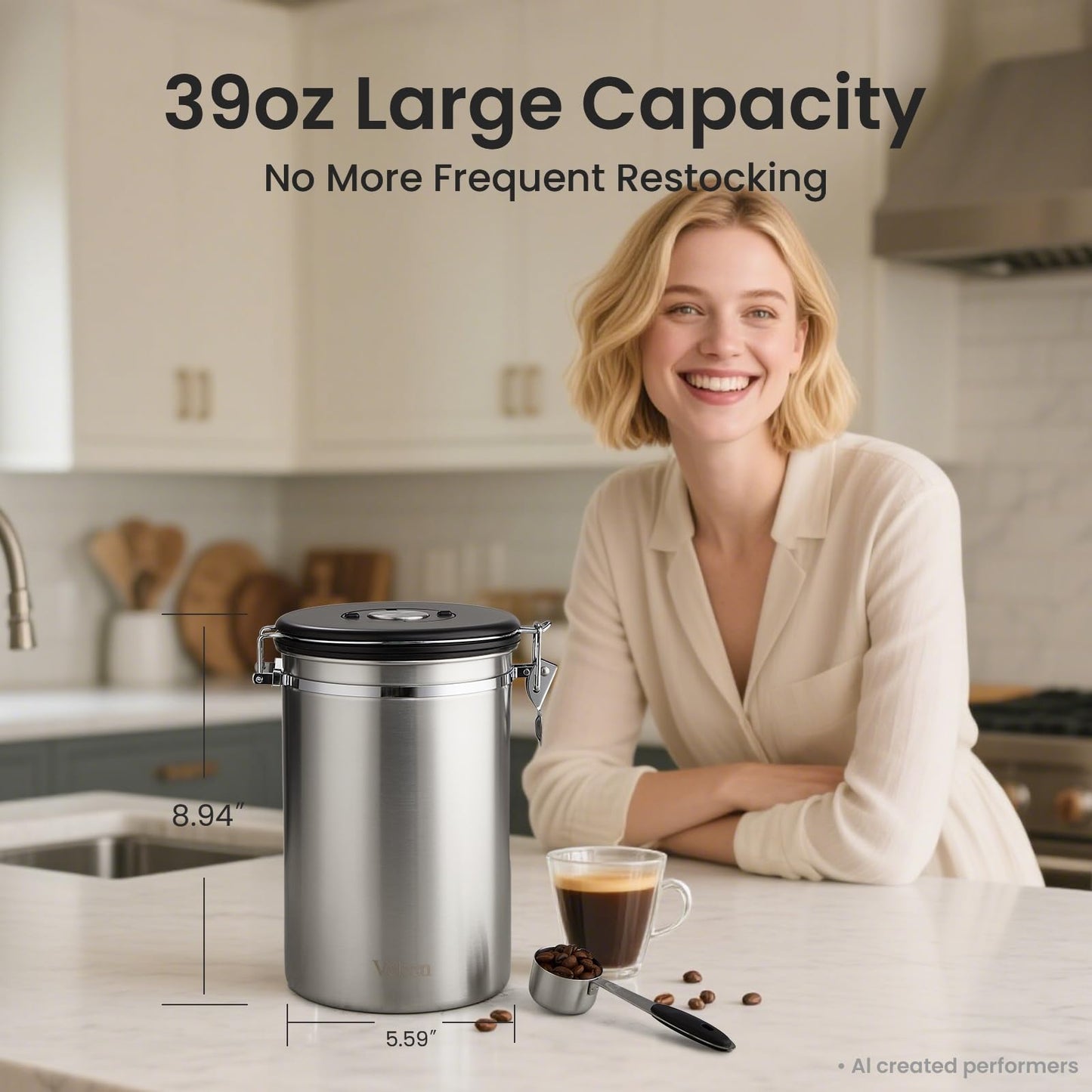 Veken Coffee Canister,39OZ, 2.2lbs,Large Airtight Stainless Steel Container