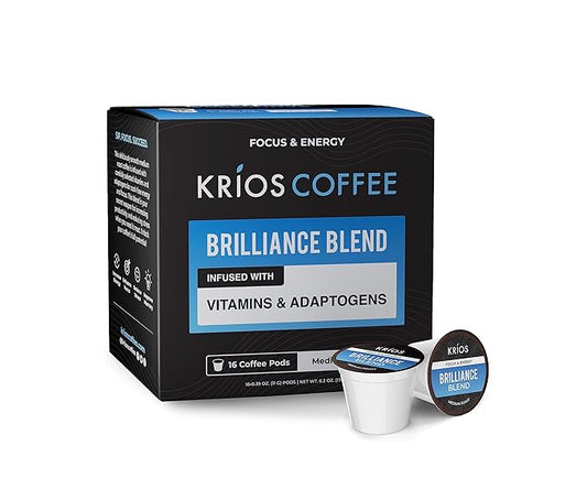 Krios Coffee Brilliance Coffee Pods, Enhance Energy & Focus with Essential Vitamins, L-Theanine, Bacopa Monnieri & Rhodiola Rosea, Medium Roast, Smooth, 16 Ct