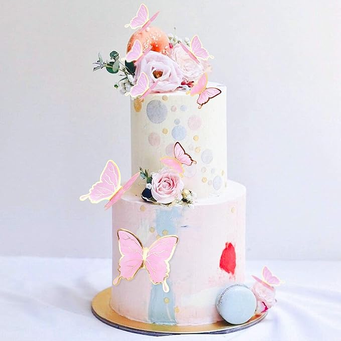 30pcs Pink Gold Edge Mixed Size Lively 3D Waterproof Swllowtail Butterfly Cupcake Topper for Girls Women's Happy Birthday Wedding Party Cake Wall Party Food Decorations