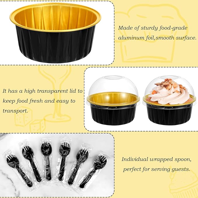 Mini Cake Pans with Lids and Spoons (100 Pack,Black,5oz) Round Disposable Ramekins - Sturdy Aluminum Foil Cupcake Liners with Lids for Dessert and Party