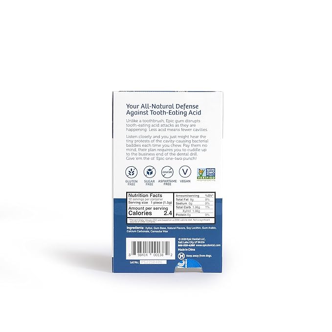 Epic 100% Xylitol Peppermint Chewing Gum - Sugar Free, Aspartame Free Dental Gum - Supports Oral Health & Fresh Breath - 12 Pieces (Pack of 12)