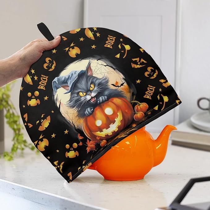 Boo Tea Cosy for Teapot Washable Tea Pot Cozy for Keeping Warm Black Cat Kettle Cover for Halloween Day Party Gifts,Dust Proof Breakfast Tea Pot Cover