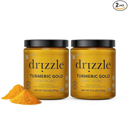 Drizzle Turmeric Gold Raw Honey - All Natural Pure Raw Honey with Organic Turmeric, Unfiltered, Use in Tea, Golden Milk, & Coffee, Sugar Substitute, Certified Kosher - 13.2 oz Jar (375 g), Pack of 2