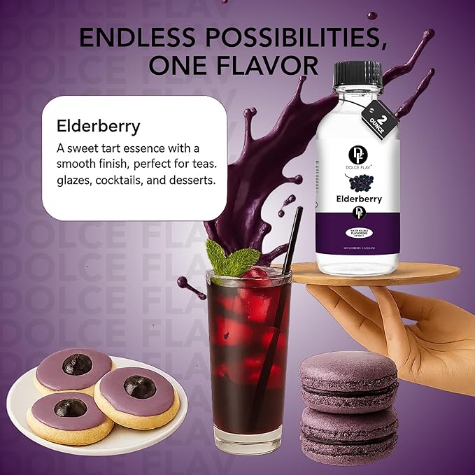 Dolce Flav Elderberry Extract - 2 Ounce Water-Soluble Multipurpose Flavoring Ideal for Baked Goods, Beverages, Coffee, Desserts & Ice Cream - Perfect Kitchen Gift for Holidays