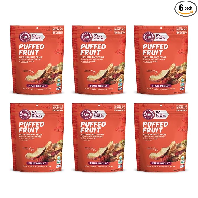 Made In Nature Organic Puffed Fruit Medley, 1.2 Ounce (Pack of 6) ??Fruit Variety Pack, Vegan Snack, Non-GMO, Gluten Free