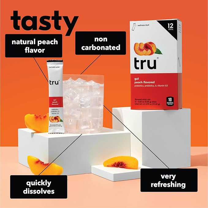Tru Gut Powder, Prebiotics and Probiotics for Digestive Health, Peach Flavored Gut Health Drink Mix with Vitamin B3, Sweetened with Monk Fruit & Stevia, Caffeine Free, Gluten Free, Vegan, 12 Packets