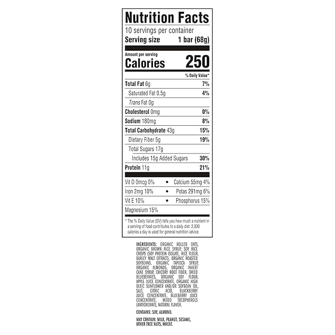 CLIF BAR - Blueberry Almond Crisp - Made with Organic Oats - Energy Bars - Non-GMO - Plant Based Protein Bars (10 Pack)