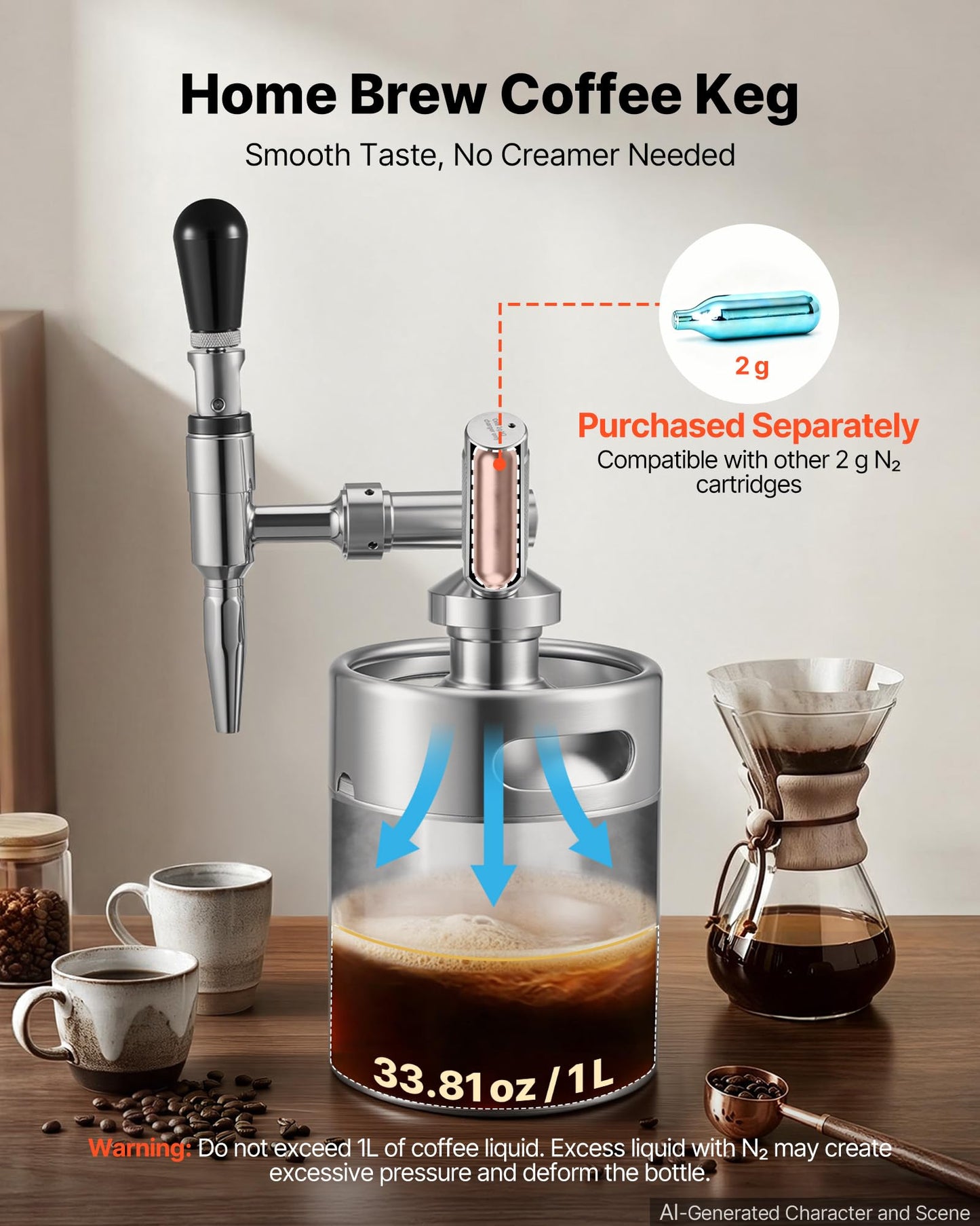 VEVOR Nitro Cold Brew Coffee Maker 68 oz Nitrogen Dispenser System, Home Brew Coffee Keg, Portable