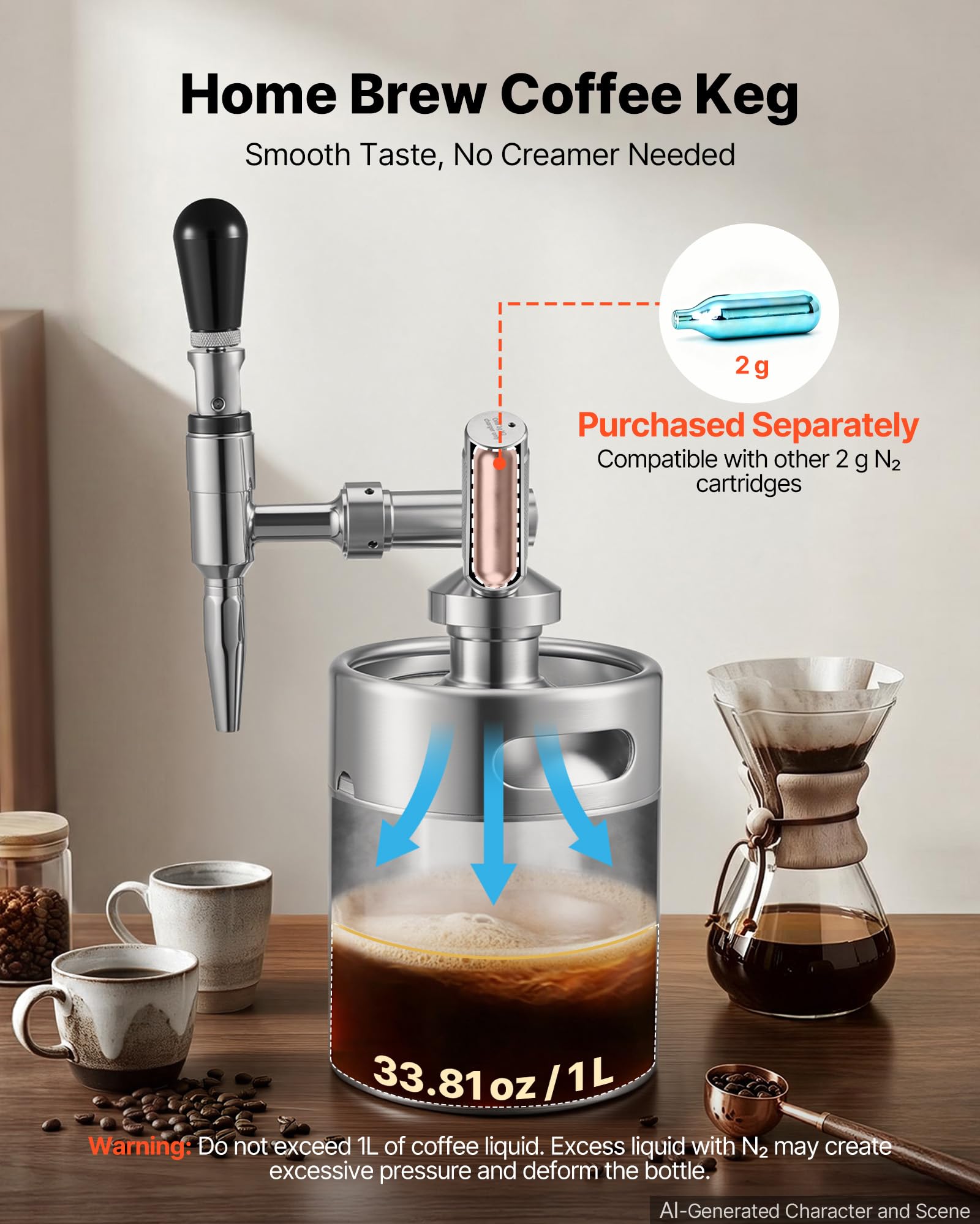 VEVOR Nitro Cold Brew Coffee Maker 68 oz Nitrogen Dispenser System, Home Brew Coffee Keg, Portable