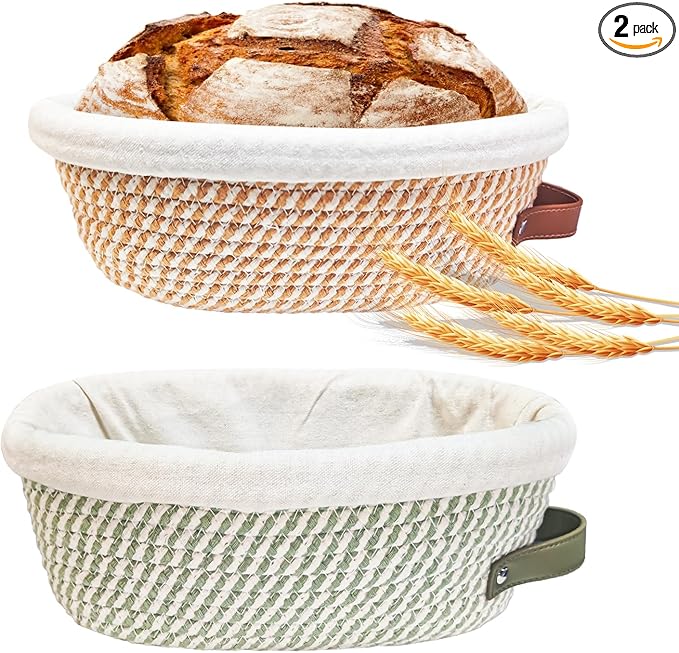 Banneton Bread Proofing Basket Set, Oval Sourdough Banneton Basket 10 inch,Handmade Sourdough Bread Basket with Covers 4 Liners for Artisan Bakers Starter Cotton Rope