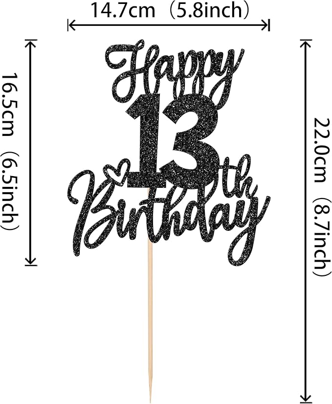1 PCS Happy 13th Birthday Cake Topper Glitter Cheers to 13 Years Birthday Cake Pick 13 Official Teenager Cake Decoration for Happy 13th Birthday Anniversary Theme Party Decorations Supplies Black
