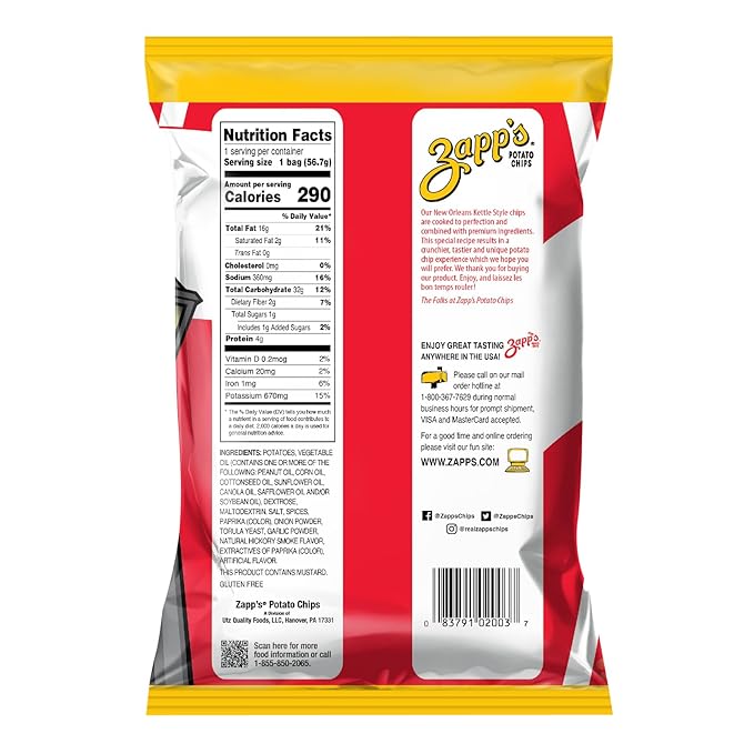 Zapp???New Orleans Kettle-Style Potato Chips Cajun Crawtator Flavor (2 oz Bags, 25 Count), Crunchy Chips with a Spicy Kick, Perfect On-The-Go, Gluten Free Snack