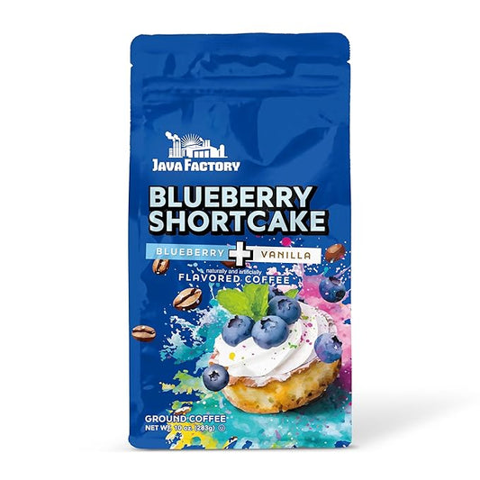 Java Factory Blueberry Shortcake Flavored Ground Coffee Bag ??Blueberry and Vanilla Cream Brew, Made with 100% Arabica Beans - Flavor Enhanced, 10 Oz