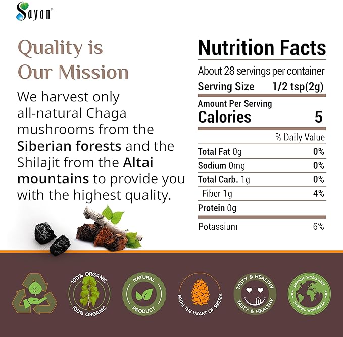 Sayan Siberian Chaga Mushroom Extract with Shilajit Powder (2 oz) ??Organic Antioxidant Tea ??Immune and Digestion System Support ??Fulvic Acid Supplement ??Energy & Clarity ??No Fillers