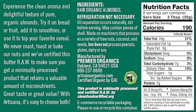 Artisana Organics Raw Almond Butter, 9oz | No Sugar Added, No Palm Oil, Vegan, Paleo, and Keto Friendly