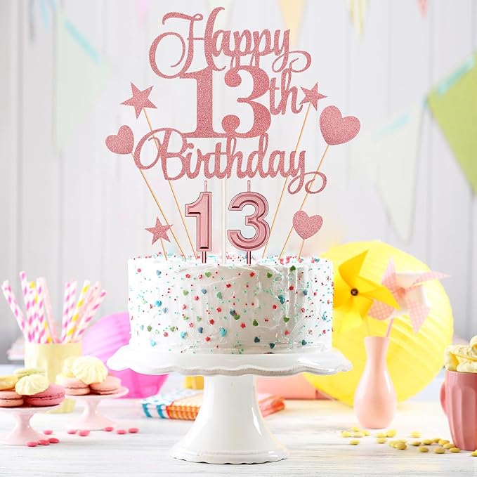 13th Birthday Cake Decorations Set Include Digital Candles 1&3 Numeral 13 Cake Candles and Happy 13th Birthday Cake Toppers with Heart Star Cupcake Picks for Birthday Party Supplies (Rose Gold Series)