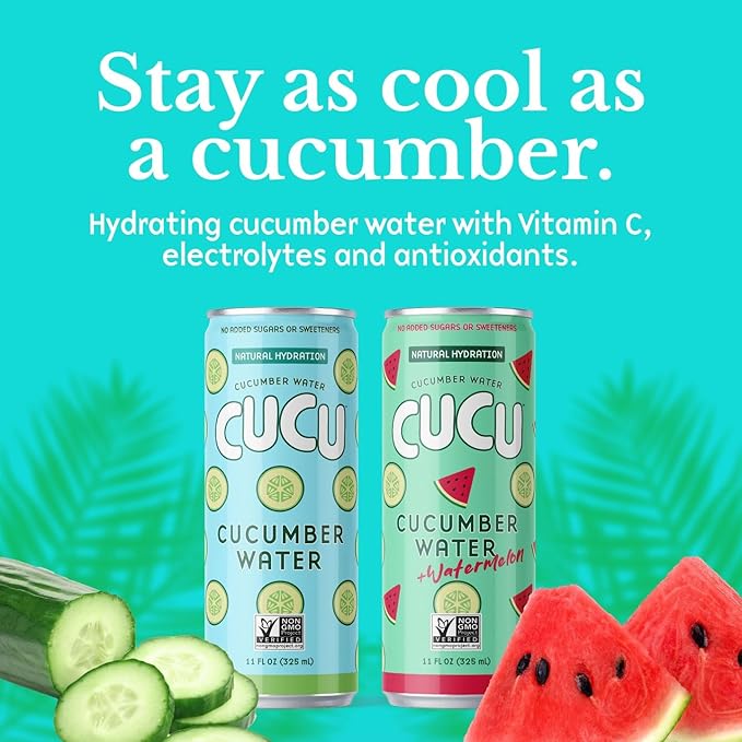 CUCU Cucumber Water ??Natural Hydration from Cucumbers with Vitamin C, Electrolytes & Antioxidants ??No Sugar Added, Non-GMO ??12 Pack, 11 fl oz Cans