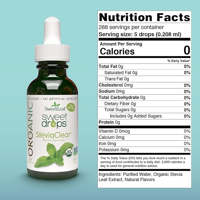 SweetLeaf Organic Sweet Drops- Flavored Stevia Liquid Sweetener, Stevia Extract, Zero Calorie, Gluten Free, Keto Friendly, Non GMO, Natural Flavor, Sugar Alternative- Stevia Clear, 2 Fl Oz (Pack of 1)