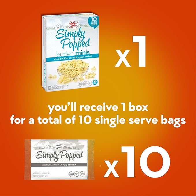 Jolly Time Simply Popped Butter Minis, Lightly Salted Microwave Popcorn, 1.5oz Personal Bag, 10 Bags Per Carton (1.5 Ounce (Pack of 10))