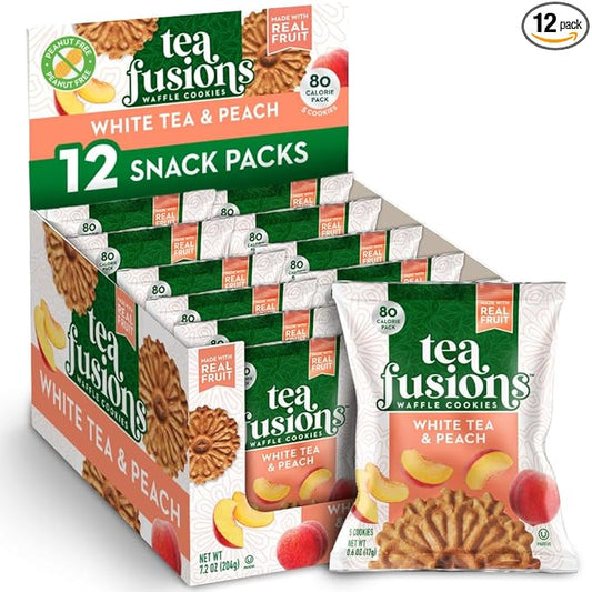 Reko Tea Fusions Waffle Cookies, White Tea & Peach - Individually Wrapped Single Serve Snack Packs - Thin Italian Pizzelles with No Artificial Flavors or Colors - 5 Cookies per Pack, Box of 12